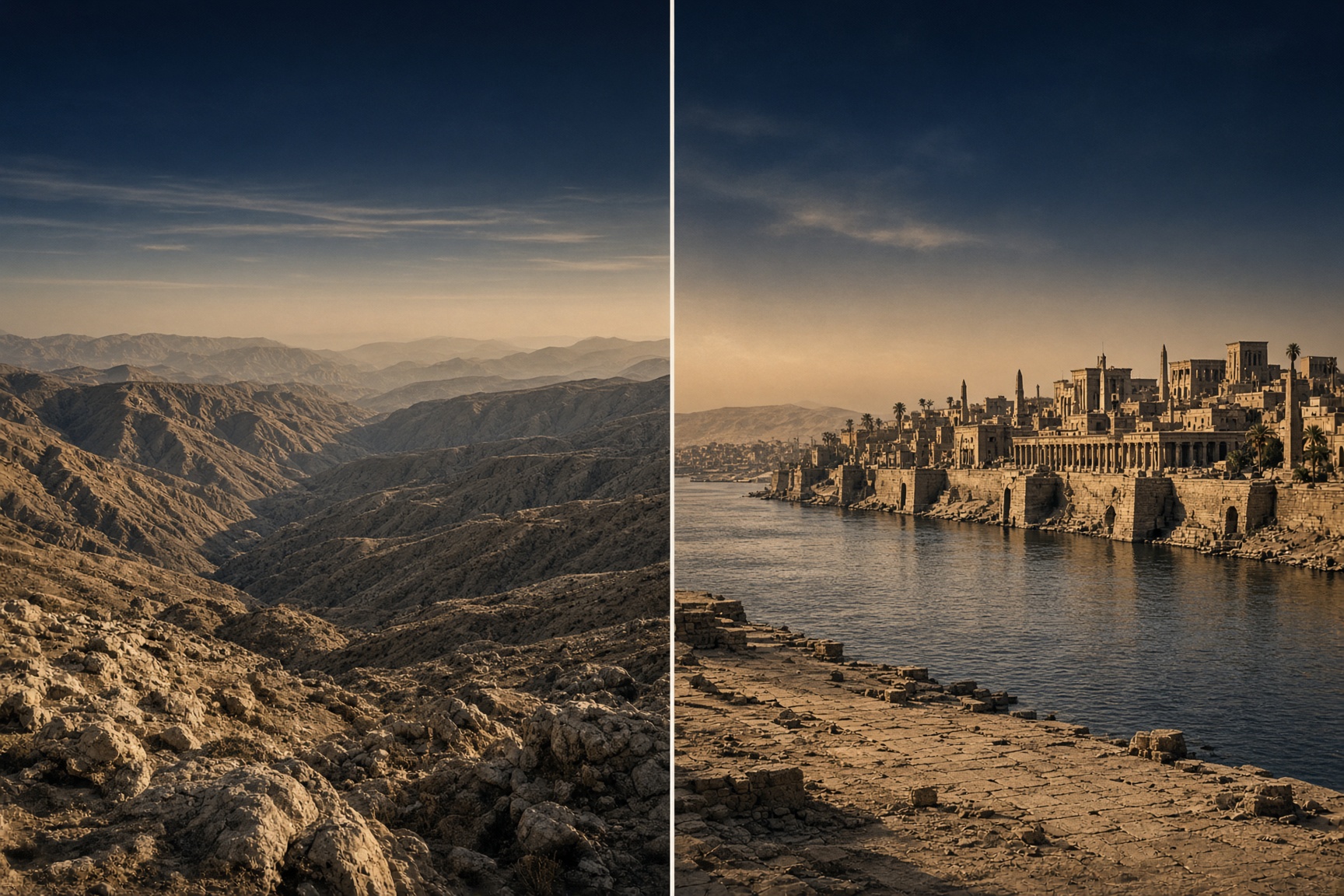Later composition: Zagros highlands at left, the Nile at a late antique quay at right. Two shores of 642. Not a battle picture.