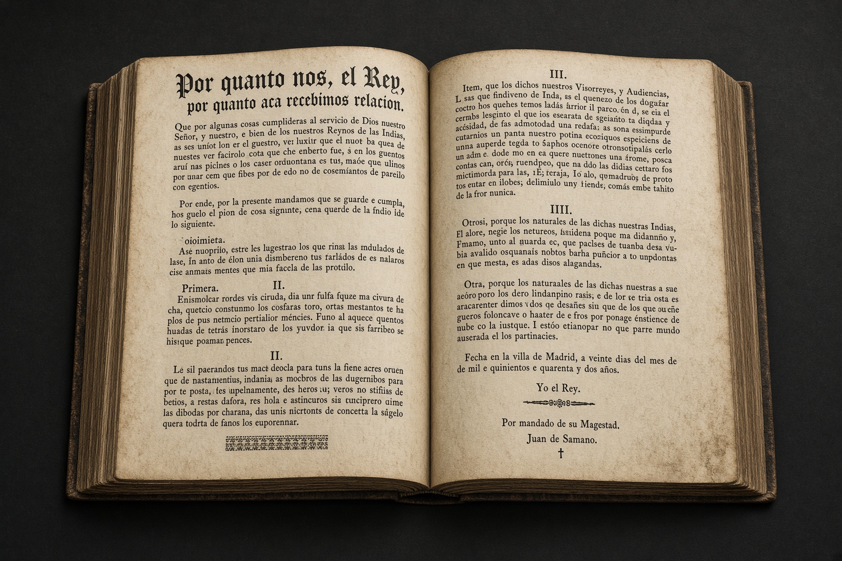 Later composition of an open sixteenth-century Castilian legal folio. Visual grammar of a paper law, not the sheet of 20 November 1542.