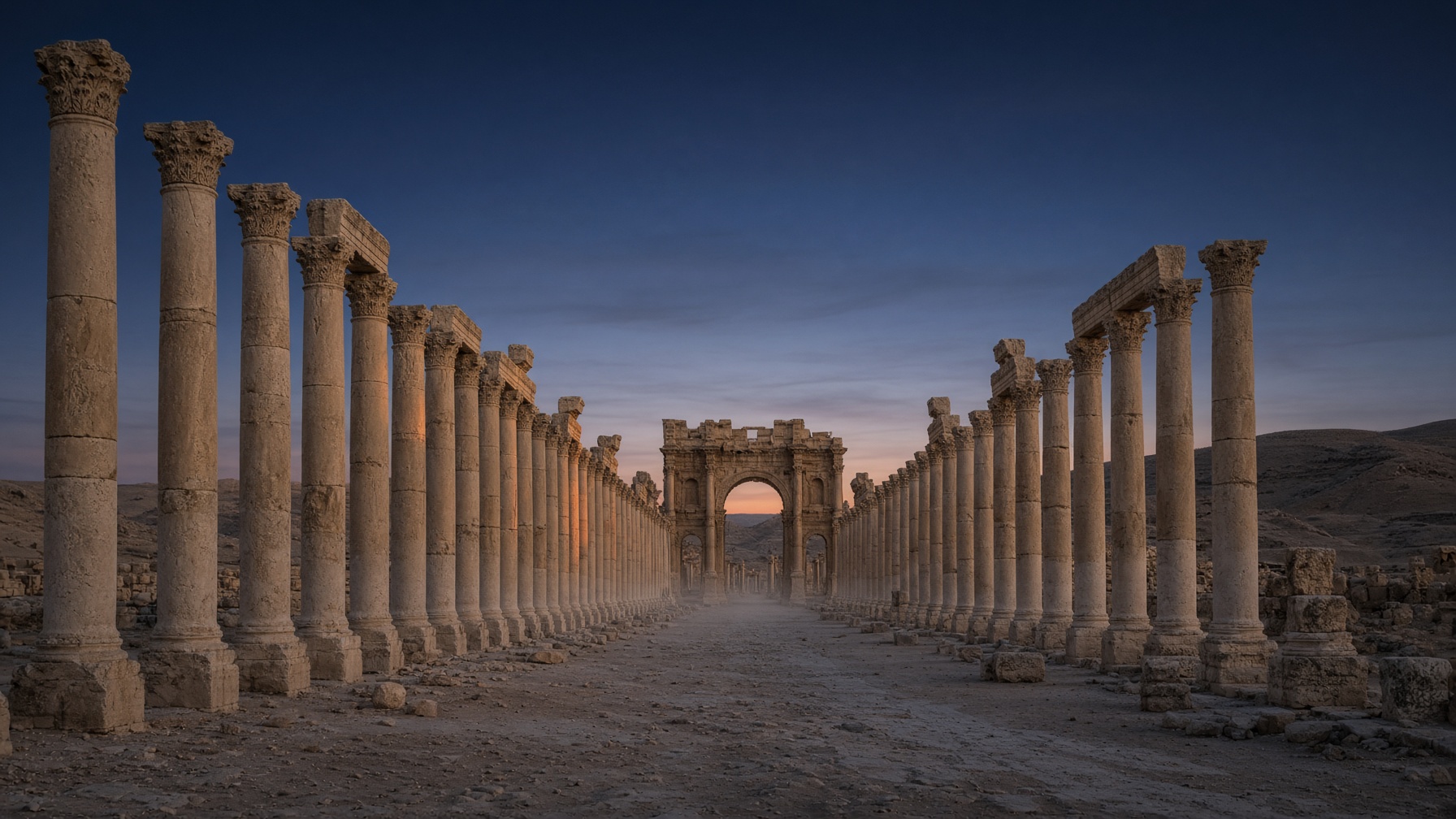 Later composition of the Great Colonnade at Palmyra at blue hour. The stones remain. 269 is not this light.