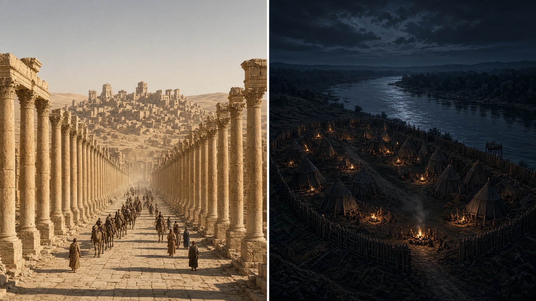 Later artistic diptych: at left a living Palmyrene colonnade and caravan in eastern light; at right a Roman marching camp on a dark northern river, watchfires, no battle.