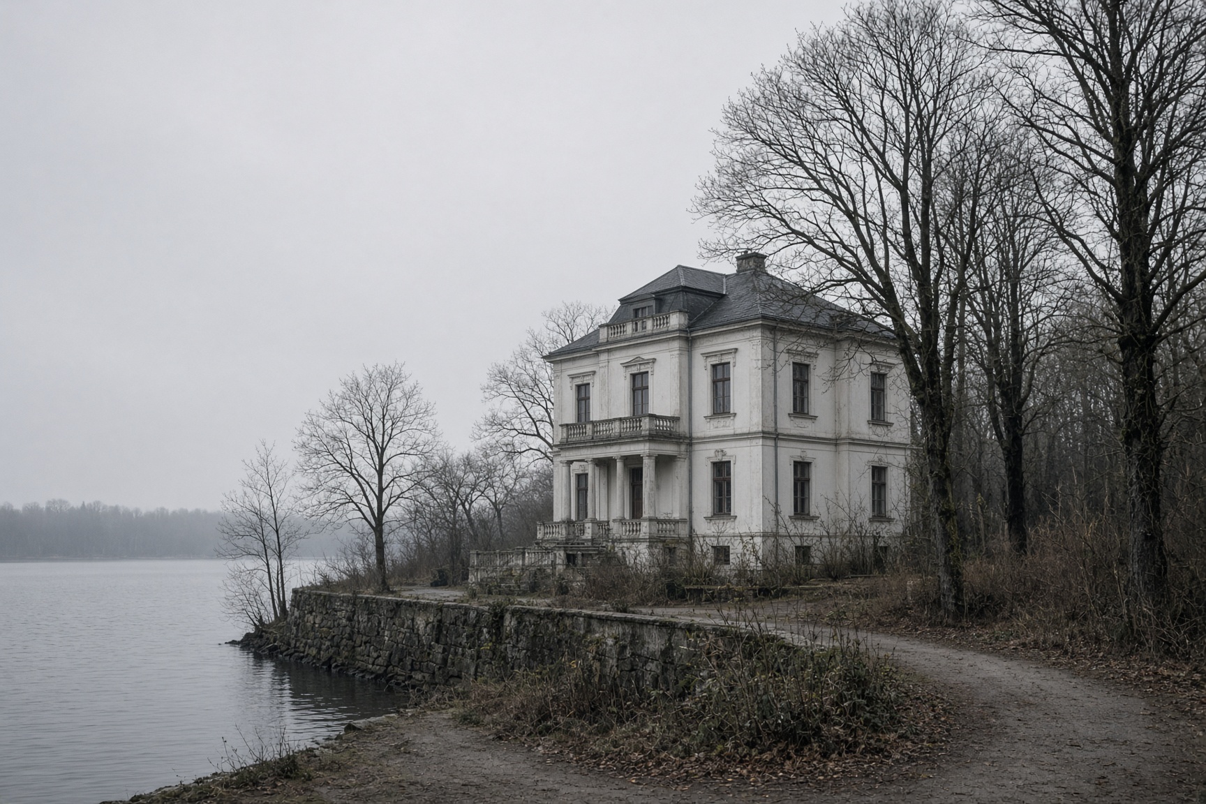 Later composition of a lakeside villa in winter, empty. The protocol is the object. 1942 is not this light.