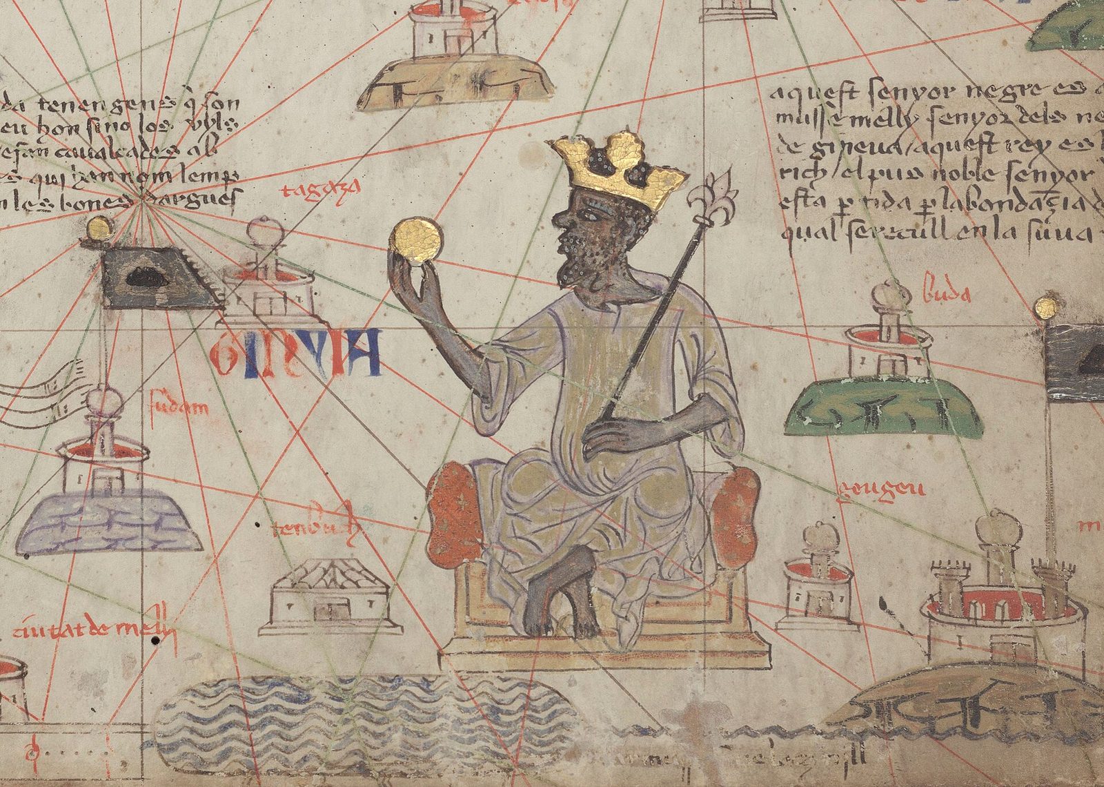 Detail of the Catalan Atlas showing West Africa, with Mansa Musa seated and holding gold.