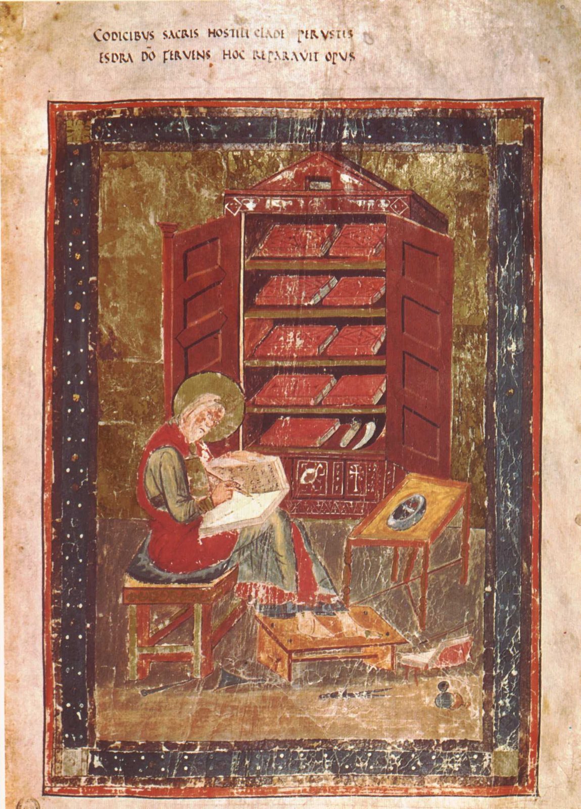 Ezra folio from the Codex Amiatinus, an eighth-century Northumbrian Bible. Later representation, not a 420 object.