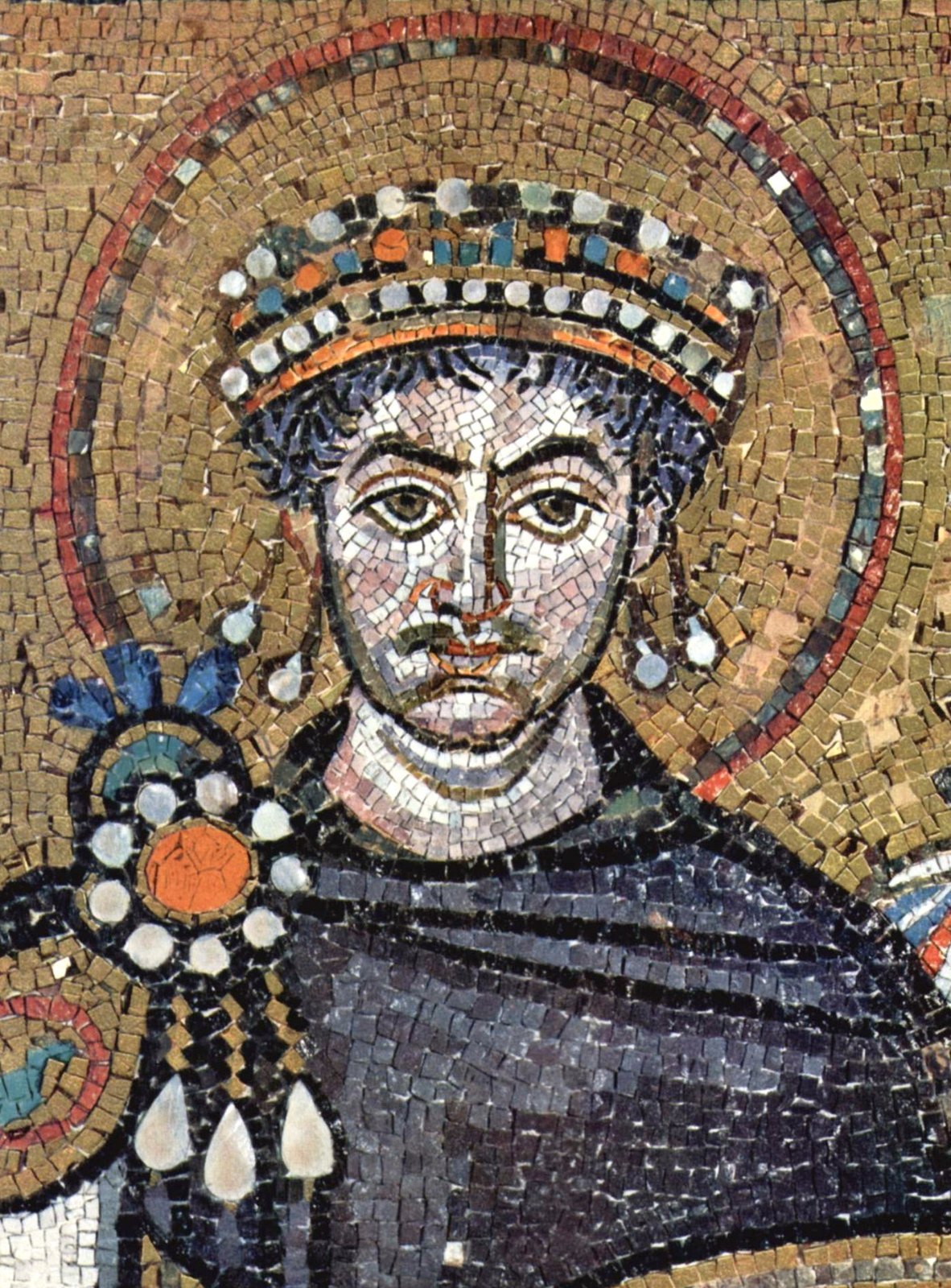 Justinian in the San Vitale mosaic, Ravenna. Completed by about 547. Later than 542. A court image, not a picture of the plague.