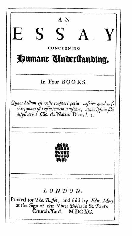 Title page of the first edition of John Locke’s An Essay Concerning Humane Understanding, dated 1690.