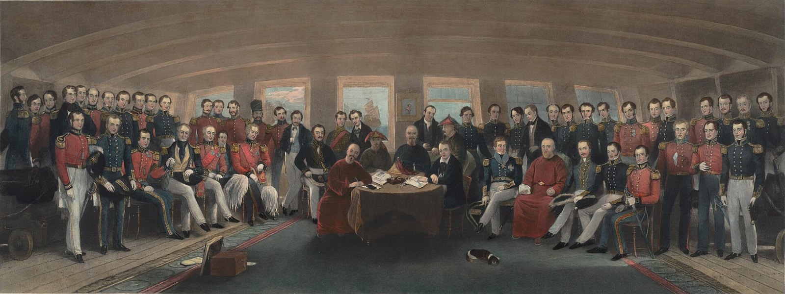 The signing of the Treaty of Nanking, 29 August 1842, painted by John Platt and published 1846. Later representation of a coerced paper.