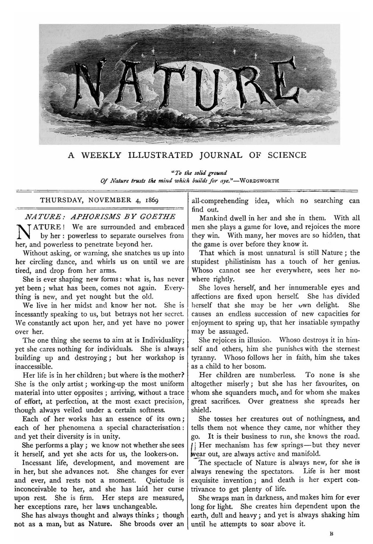 Title page of Nature, volume 1, number 1, 4 November 1869, a weekly illustrated journal of science.