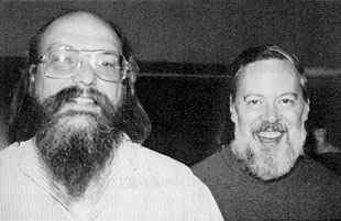 Ken Thompson and Dennis Ritchie at a terminal, photographed in 1973. The development year is 1969. The name Unix is 1970.