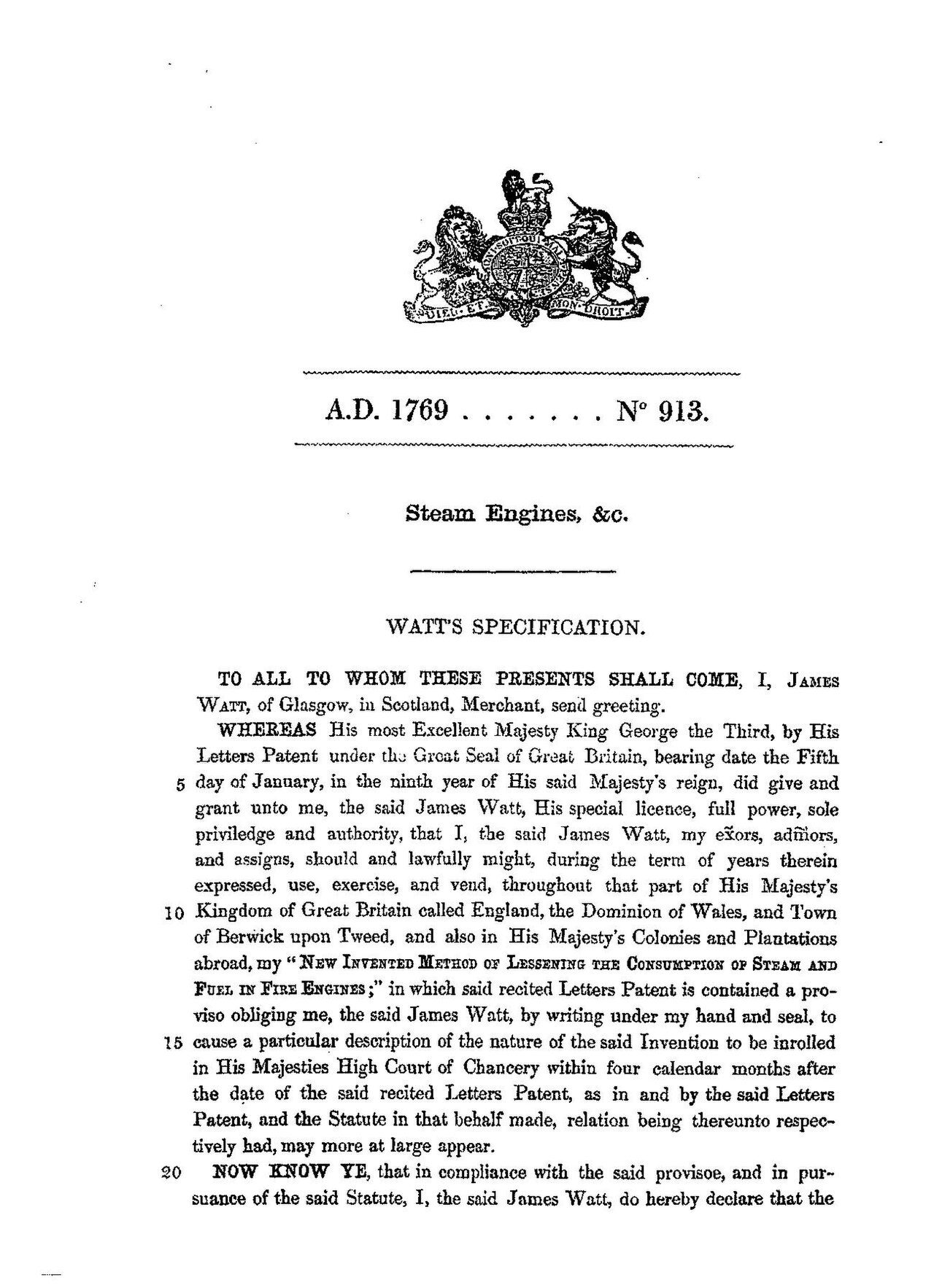 James Watt’s 1769 patent drawing for a separate condenser.