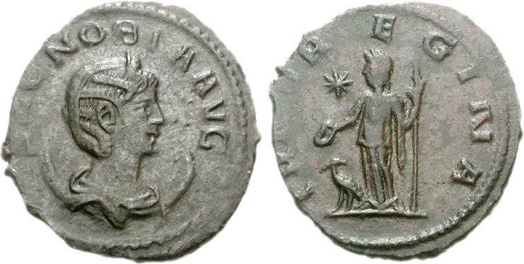 Silver antoninianus of Zenobia as Augusta: draped bust right with stephane on a crescent; reverse Juno standing with a peacock. Antioch mint.